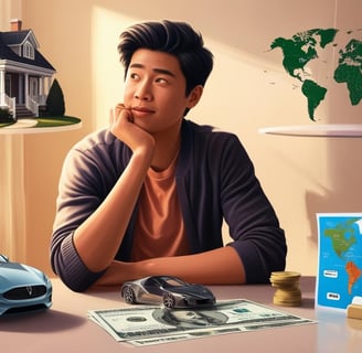 a man sitting at a desk with a car and a map of the world