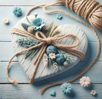 Cœur en bois entouré d'un nœud en corde beige des pelotes bleu son posé dessus et des brins de blé