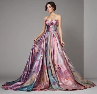 Femme debout en robe de soirée en soie de plusieurs couleurs à dominance rose