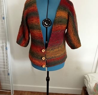 Vest original tricoté dans un fil multicolore se ferme par 3 boutons et les manches trois quart