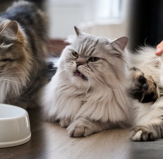 a cat is sitting on the floor next to a cat. meowing