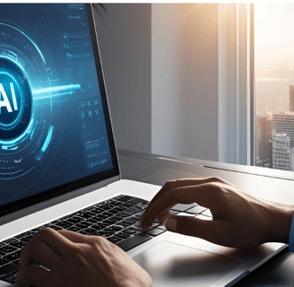 Freelancer using ChatGPT for client outreach with laptop and 2025 overlay for TurboStack AI blog