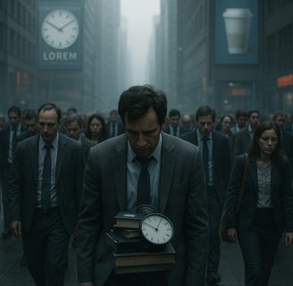 Cena urbana realista mostrando uma multidão em movimento apressado, com rostos cansados 