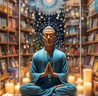Ilustração simbólica de uma figura humana meditando dentro de uma vitrine de loja,.