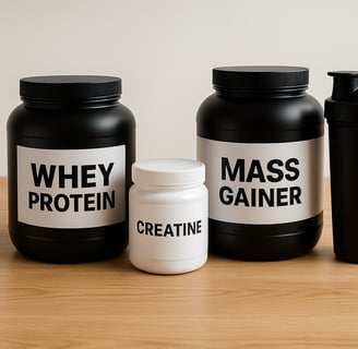 Whey Protein, Creatina e Hipercalórico.
