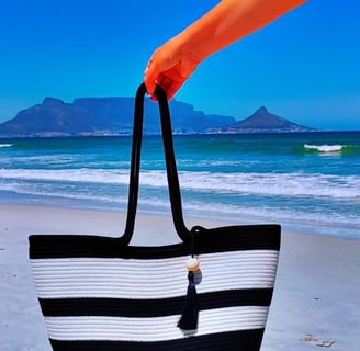 a person holding a black and white striped bag