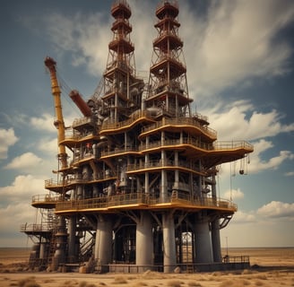 Workers in protective gear are seen on a construction site characterized by metal beams, scaffolding, and wooden supports. They appear to be engaged in construction tasks on a large infrastructure project, possibly a bridge or a similar structure.