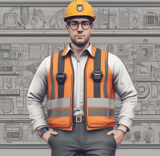 A woman wearing a red safety helmet and yellow earmuffs operates a surveying instrument mounted on a tripod. She is standing in a construction area with a compact excavator in the background. Her casual attire includes a white eyelet blouse and blue jeans, and she is holding a digital level.