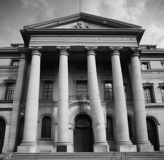 A group of people stands on a grassy lawn. In the center, a couple is dressed in formal wedding attire. Surrounding them are six individuals on the left, dressed in various shades of pink, red, and purple dresses, and five individuals on the right, wearing matching blue suits and red ties. The background features a rural landscape with rolling fields and a few trees.