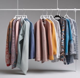 A neatly stacked pile of clothing with visible brand logos, including Nike and a horse logo. The clothes are mainly in dark and neutral colors, with a prominent black piece featuring a large white swoosh. A subtle vertical obstruction divides the image, adding a sense of depth.