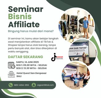 Seminar TikTok Affiliate Bali 2025 – Belajar bisnis afiliasi Shopee dan TikTok untuk pemula 