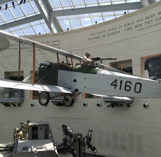 Word War 1 Allied observation bi-plane with rear gunner aiming a Lewis gun in Marine Corps museum