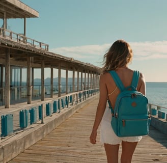 a woman walking on a pier with a backpacker