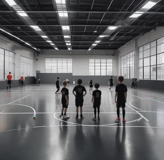 A soccer coach instructs a young player on a field set up with orange cones. The coach, dressed in black with red shoes, gestures towards the player in a pink shirt and black shorts. Other children in sports attire are visible in the background, with a soccer net and a red banner for the Milan Academy nearby.