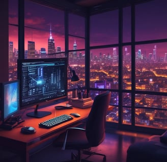a desk with a computer monitor and a keyboard