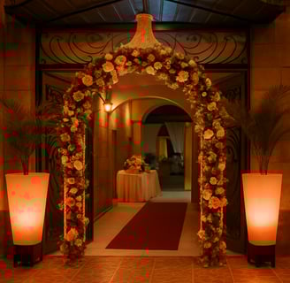 Entrada principal de Magic Party con arco floral iluminado y alfombra roja.