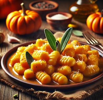 Ein Teller mit Kürbis-Gnocchi und Salbei Deko