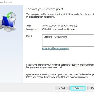 screenshot show confirm your restore point