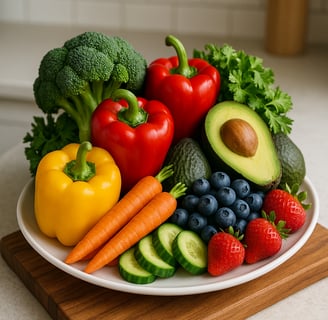 a plate of fruits and vegetables on a cutting board