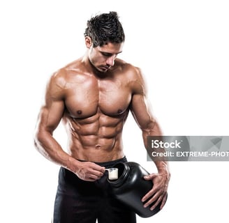 a man with a protein container