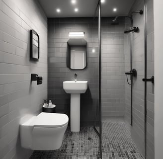 A geometric pattern consisting of vertical rectangular tiles arranged in an offset layout covers the wall, creating a minimalist and modern appearance. The floor features large, square gray tiles laid out in a grid pattern, complementing the wall's design.