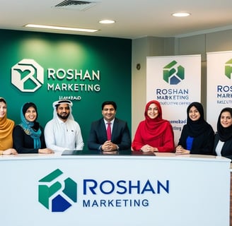 a group of people standing around a table with a roshan marketing sign