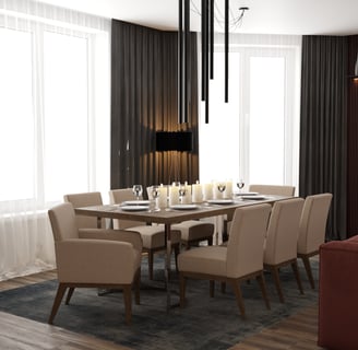 a dining room table with a table set for four