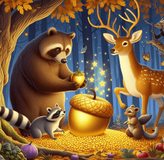 a group of animals and a deer in a forest