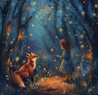 A girl and a fox in an enchanted forest