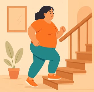 Cartoon-style illustration of a plus-size woman confidently climbing stairs at home, wearing an orange shirt and teal legging