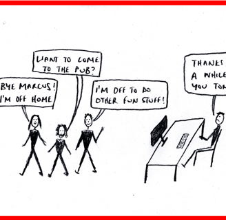 Cartoon showing Marcus still working while others leave office