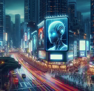 a city street scene with a large billboard showing a head of a person