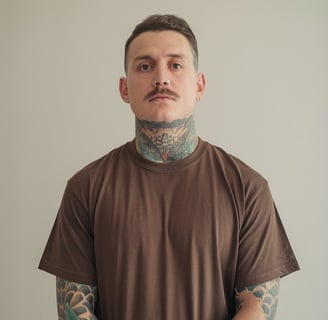 Portrait d’un homme tatoué, debout devant un fond neutre. Il a une moustache, un piercing au nez,