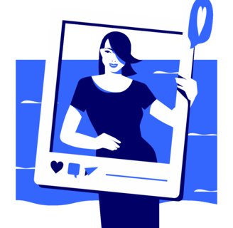 Blo grafik på elegant kvinna med lång snedlugg och klänning som håller en Instagram-ram framför sig.