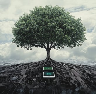 a tree growing from a computer monitor screen