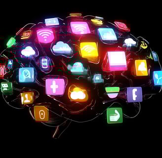 a sphere of various colored lights and icons on a black background