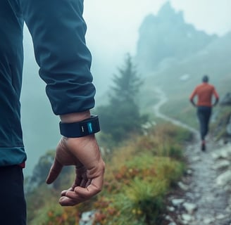 a person walking up a path with a wrist watch on