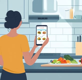a woman is holding a phone and looking at a meal