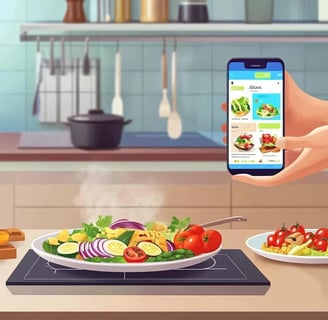 a person holding a phone in front of a plate with food