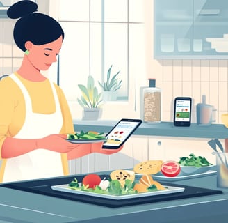 a woman is holding a tablet and looking at her phone