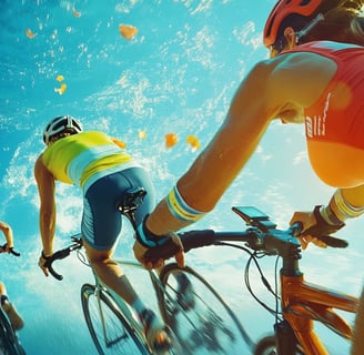 a group of people riding bikes in the sky