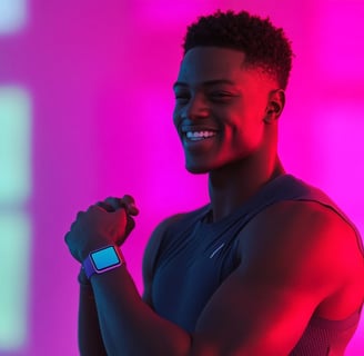 a man in a blue tank top and a watch on his wrist