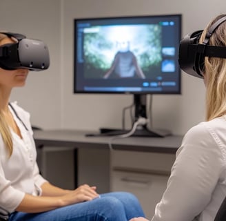 a woman in a chair with a virtual reality headset