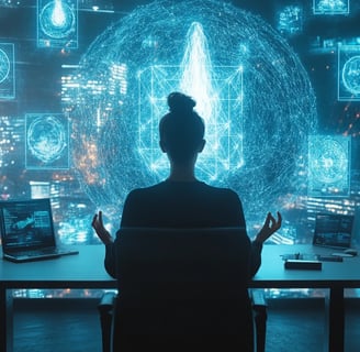 a person sitting at a desk with a laptop and a laptop
