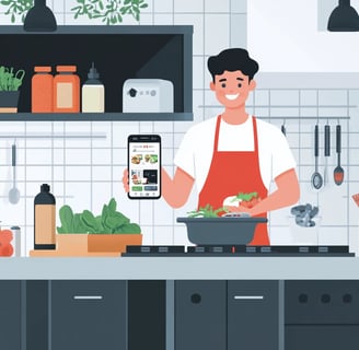 a man in a red apron is cooking in a kitchen