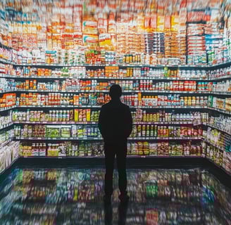 a person standing in a store with a lot of food and drinks