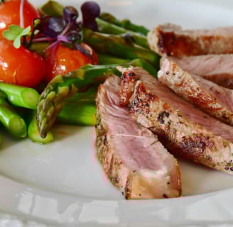 a plate of meat and vegetables on a plate