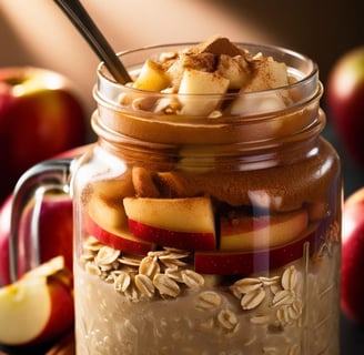 a jar of oatmeal with apples and cinnamons