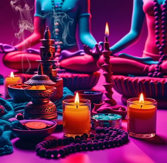 a buddha statue sitting on a table with candles and candles