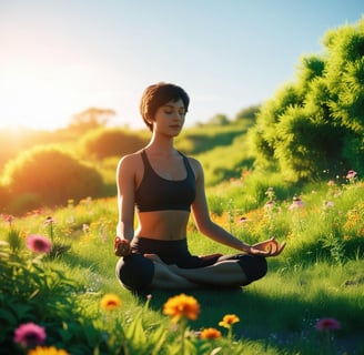 a woman sitting in a field with a sunlit